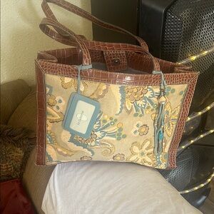 Floral Patterned Tote Bag with Brown Accents